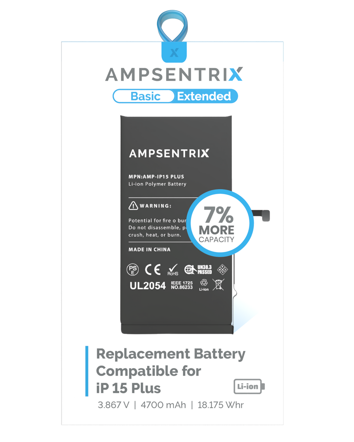 Batería de repuesto para iPhone 15 Plus (AmpSentrix Basic Extended)