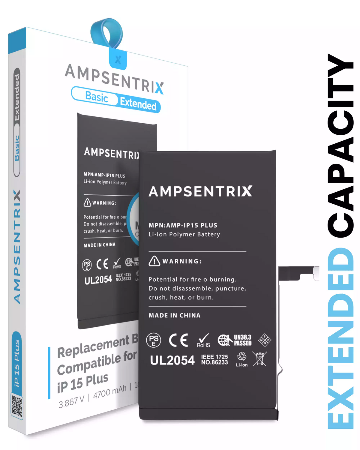 Batería de repuesto para iPhone 15 Plus (AmpSentrix Basic Extended)